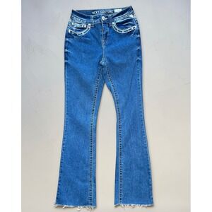 Sexy Couture Juniors Bootcut Jeans Sz 1 Blue Embroidered Rhinestone Raw Hem Y2K